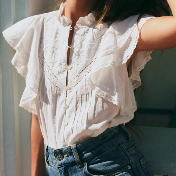 Sezane Deven White Ruffled Blouse 10 - Picture 3 of 6